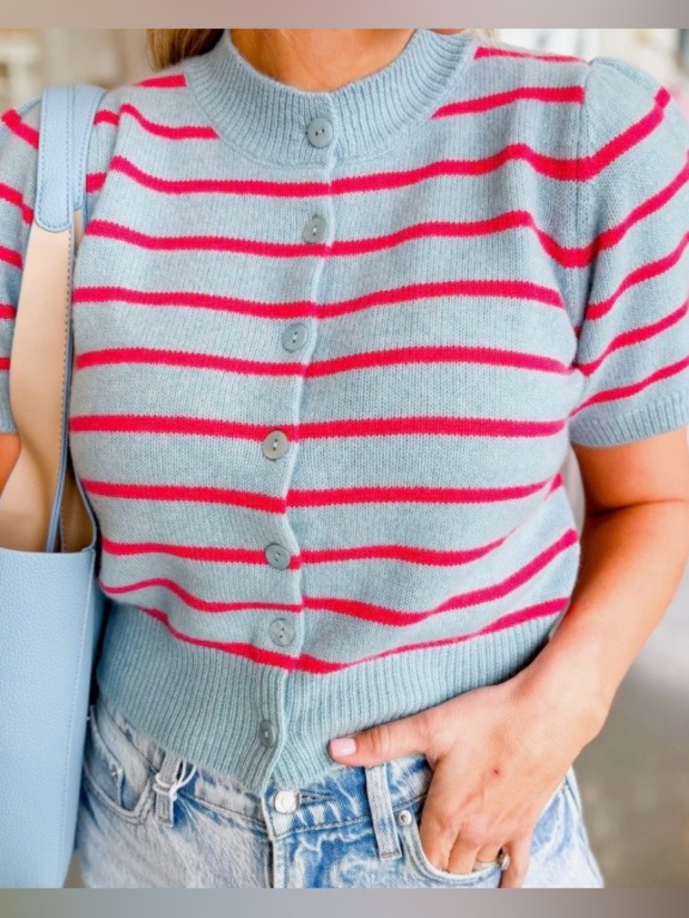 100 % Cashmere Blue & Pink Striped Cardigan
